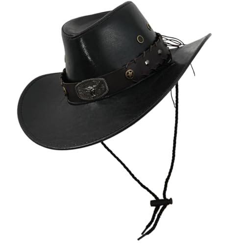 Duyeuau Hut aus PU-Leder mit Nietengürtel, Unisex, Kostümzubehör, Westernhut für Rollenspiele, Veranstaltungen, Maskeraden von Duyeuau