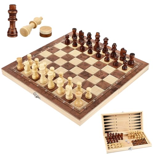 Schachspiel, 3 in 1 Schachbrett Holz Hochwertig Schach Dame Backgammon, Tragbares und Faltbares Chess Board Set, Backgammon, Chess - 29x29cm von Duyteop