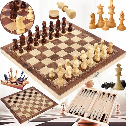 Schachspiel, 3 in 1 Schachbrett Holz Hochwertig Schach Dame Backgammon, Tragbares und Faltbares Chess Board Set, Backgammon, Chess - 29x29cm von Duyteop