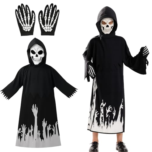DvBCNMe 3 Stück Scream KostüM, Handschuhen Gruselig, Halloween KostüM Kinder Sensenmann Umhang, Ghostface Scream Reaper KostüM, Kinder Schwarze Robe Mit Kapuze von DvBCNMe