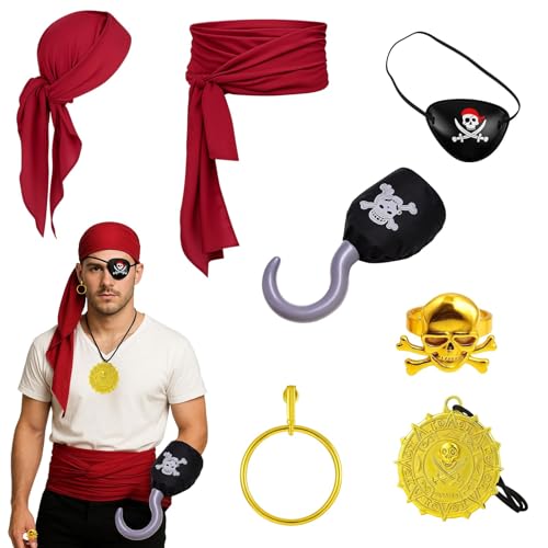 DvBCNMe 7 Stück Piratenkostüm Herren, Piratenaccessoires Set Mit Augenklappe, Kopftuch, Ohrringen, Ring Und Schal für Karneval, Halloween und Cosplay DvBCNMe 7 Stück Piratenkostüm Herren, Piratenaccessoires Set Mit Augenklappe, Kopftuch, Ohrringen, Ring Und Schal für Karneval, Halloween und Cosplay von DvBCNMe