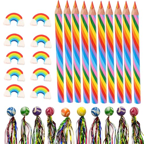 DvBCNMe Regenbogenstifte Kinder, 30 Stück Regenbogen Set Mit Radiergummis Und Hüpfbällen, Kreatives Geschenk Für Kindergeburtstag Und Schule, Ideal Für Malen Und Zeichnen von DvBCNMe