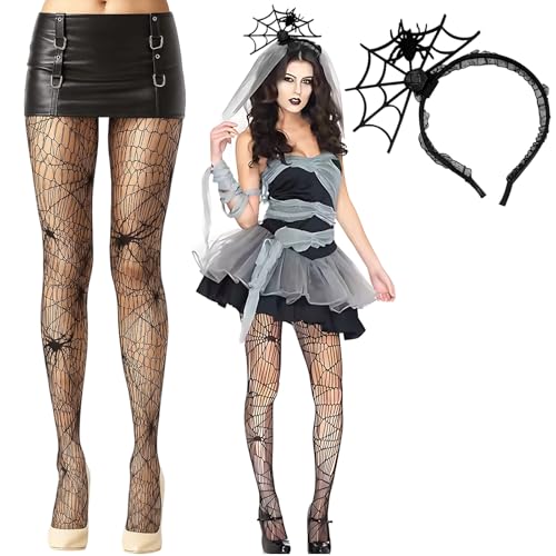Halloween Kostüm Damen, 2 Pcs Hexenkostüm Damen, Schwarz Spinne Strümpfe und Spinnen Netz Haarschmuck, Gothic Kostüme für Frauen, Deko Accessoire zu Halloween von DvBCNMe