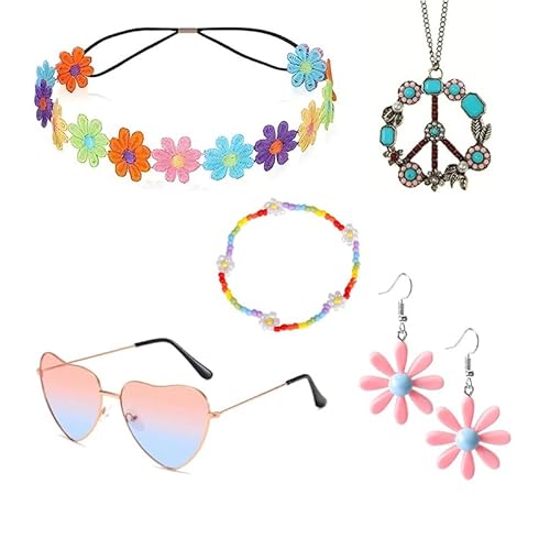 Hippie Kleidung Damen, 5 Stück 70er Jahre Outfit Damen Set, Flower Power Accessoires wie Peace Zeichen Halskette, Gänseblümchen Stirnband, Sonnenbrille und Ohrringen, Fasching Karneval von DvBCNMe