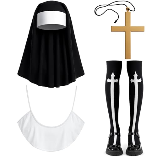 Nonnen Kostüm Damen, 4 Stück Nonne Set Mit Nonnen-Kopfbedeckung, Kragen, Kreuzkette Und Socken, Nonne Halloween Kostüm Ideal Für Halloween, Karneval Und Cosplay Nonnen Kostüm Damen, 4 Stück Nonne Set Mit Nonnen-Kopfbedeckung, Kragen, Kreuzkette Und Socken, Nonne Halloween Kostüm Ideal Für Halloween, Karneval Und Cosplay von DvBCNMe