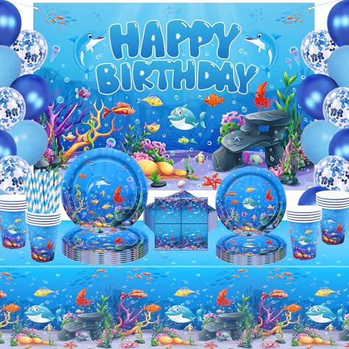 146 Pack unter dem Meer Party-Zubehör Ozean Meer Party Geschirr Set - Teller Tassen Servietten Tischdecke Kulisse Luftballons für Unterwasserwelt Geburtstag Party Dekorationen Serviert 20 von Dvaorc