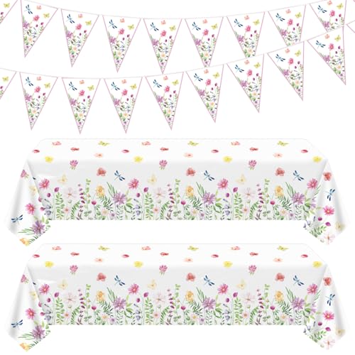 Blumengarten Party Dekoration Set, 2 Tischdecken und Wimpelkette Banner mit Libelle und Schmetterling Design, Weiß von Dvaorc