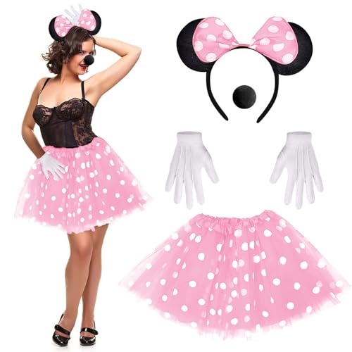 Dwafill 4-Teiliges Damen Maus Mouse Kostüm, Maus KostüM mit Mausohren Haarreifen, MäUsenase, Mausroter TüLlrock, Mausweiße Handschuhe, KarnevalskostüM Damen (Rosa, Erwachsene) von Dwafill