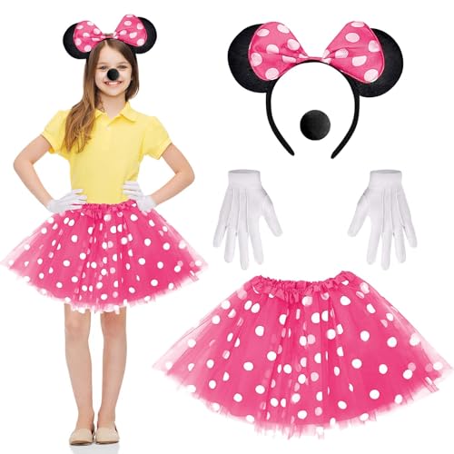 Dwafill 4-Teiliges Damen Maus Mouse Kostüm, Maus KostüM mit Mausohren Haarreifen, MäUsenase, Mausroter TüLlrock, Mausweiße Handschuhe, KarnevalskostüM Damen (Rosenrot, Kind) von Dwafill