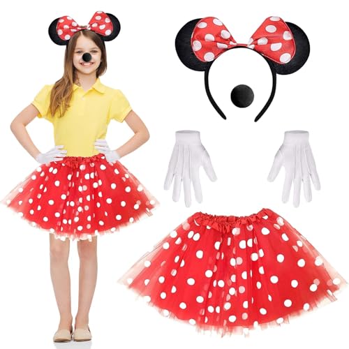 Dwafill 4-Teiliges Damen Maus Mouse Kostüm, Maus KostüM mit Mausohren Haarreifen, MäUsenase, Mausroter TüLlrock, Mausweiße Handschuhe, KarnevalskostüM Damen (Rot, Kind) von Dwafill