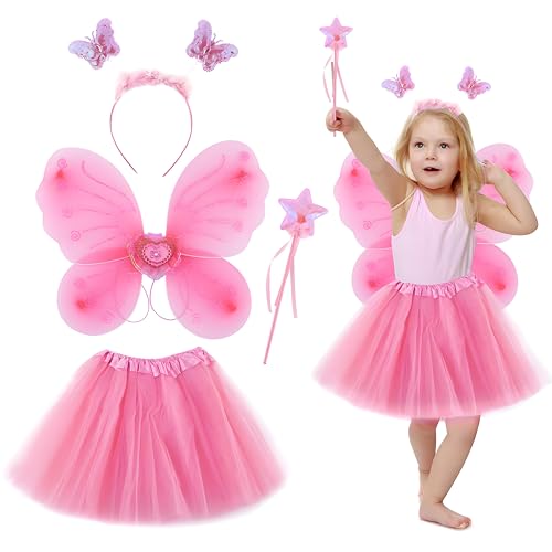 Dwafill Kostüm Schmetterling Kinder, 4-Teiliges Feen Kostüm Kinder, Inklusive SchmetterlingsflüGeln, Kopfschmuck, Feenstab, Prinzessinnenkleid, Kostüm Fee, Karneval, MäDchen 3-10 Jahren (Rosa) von Dwafill