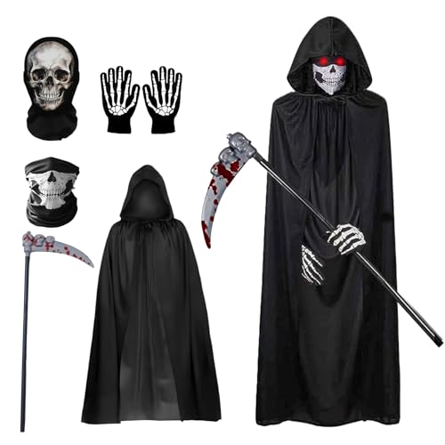 Dwafill Sensenmann KostüM Herren, 5-Teiliges Halloween KostüM Sensenmann, Nklusive Umhang, Fluoreszierenden Handschuhen, Totenkopfsense und Totenkopfmaske, Geeignet fur Karneval, Rollenspiele (B) von Dwafill