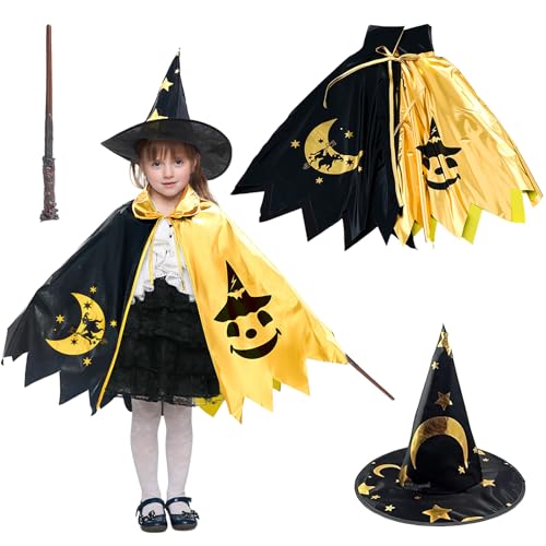 Dwafill Zauberer Kostüm Kinder Erwachsene, Zauberer Umhang, Zauberumhang, Kostüm Zauberer Hut Kind, Hexenumhang, Geschenkbox Weihnachten, für Halloween Karneval Kostümpartys (Schwarz-Gold, M) von Dwafill