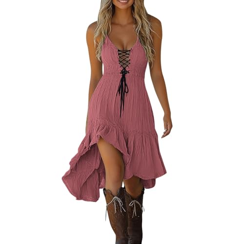 Damen Retro Mittelalter Kleid Renaissance Gothic Kleider Karneval Cosplay Halloween Kostüm mit Trompetenärmel Abendkleid Elegant Vintage Mittelalterkleid Hohe Taille Spitzen Midikleid, Rosa, XXL von Dwevkeful