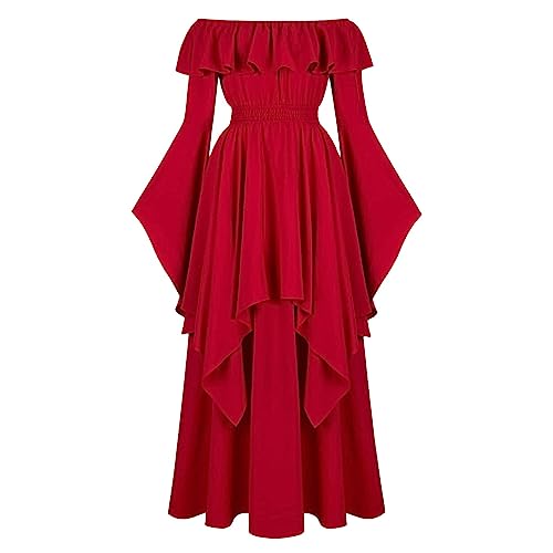 Dwevkeful Damen Mittelalter Kleid Satin Trompetenärmel Bodenlanges Retro Kostüm Gewand Schnürung Gothic Mittelalterliches Cosplay Prinzessin Kleidung HexenKostüm Gewand (2-Red, M) von Dwevkeful