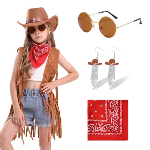 Dwieey Cowgirl-Outfits für Damen, Western-Kostüm-Zubehör, Cowboyhut, Fransenweste, Ohrringe für Halloween-Party, 6 Stück Dwieey Cowgirl-Outfits für Damen, Western-Kostüm-Zubehör, Cowboyhut, Fransenweste, Ohrringe für Halloween-Party, 6 Stück von Dwieey