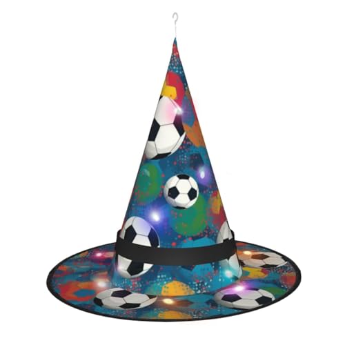 Dwrepo Bunte Fußball Print Halloween Hexe Hut Kappe Faltbare Spitze Hut Mit Led Lichter Für Frauen Männer von Dwrepo