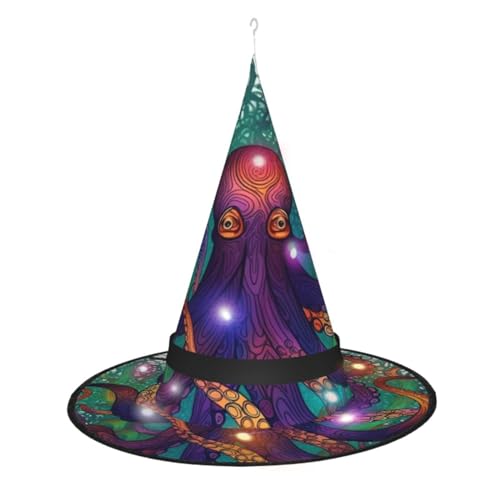 Dwrepo Bunte Octopus Print Halloween Hexe Hut Kappe Faltbare Spitze Hut Mit Led Lichter Für Frauen Männer von Dwrepo