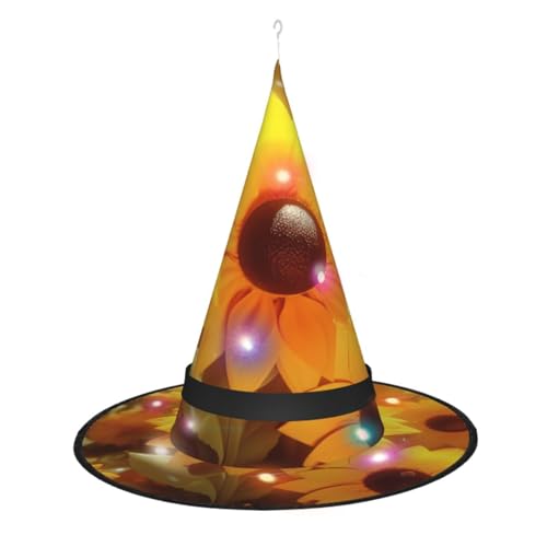 Dwrepo Cartoon Sonnenblume Druck Halloween Hexe Hut Kappe Faltbare Spitze Hut Mit Led Lichter Für Frauen Männer von Dwrepo