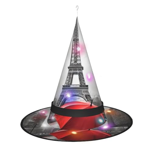 Dwrepo Eiffelturm Mit Rotem Regenschirm Drucken Halloween Hexe Hut Kappe Faltbare Spitze Hut Mit Led Lichter Für Cosplay Party von Dwrepo