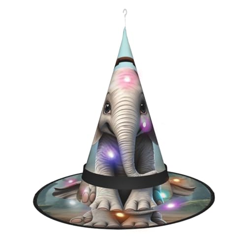 Dwrepo Grauer Elefanten-Druck-Halloween-Hexenhut-Kappen-faltbarer spitzer Hut mit geführten Lichtern für Cosplay-Party von Dwrepo