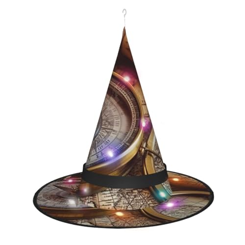 Dwrepo Kompass Und Alte Weltkarte Drucken Halloween Hexe Hut Kappe Faltbare Spitze Hut Mit Led Lichter Für Frauen Männer von Dwrepo