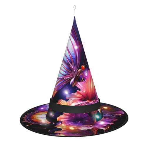 Dwrepo Lila Schmetterling Druck Halloween Hexe Hut Kappe Faltbare Spitze Hut Mit Led Lichter Für Cosplay Party von Dwrepo