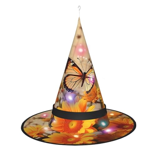 Dwrepo Nette Sonnenblume Und Schmetterling Drucken Halloween Hexe Hut Kappe Faltbare Spitze Hut Mit Led Lichter Für Cosplay Party von Dwrepo