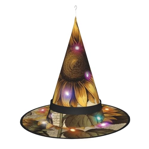 Dwrepo Retro Sonnenblume Druck Halloween Hexe Hut Kappe Faltbare Spitze Hut Mit Led Lichter Für Cosplay Party von Dwrepo