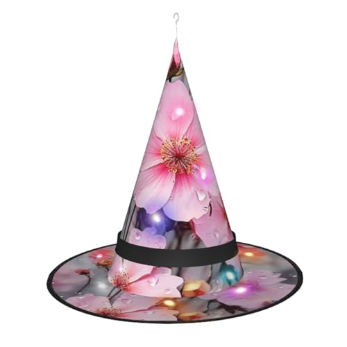 Dwrepo Schöne rosa Blume Druck Halloween Hexe Hut Kappe Faltbare Spitze Hut Mit Led Lichter Für Frauen Männer von Dwrepo