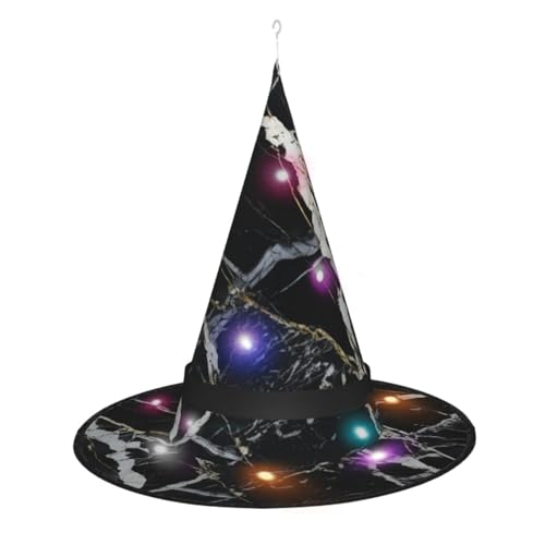 Dwrepo Schwarz-Weiß-Marmor-Druck-Halloween-Hexenhut-Kappe, faltbar, spitz, mit LED-Lichtern für Frauen und Männer von Dwrepo