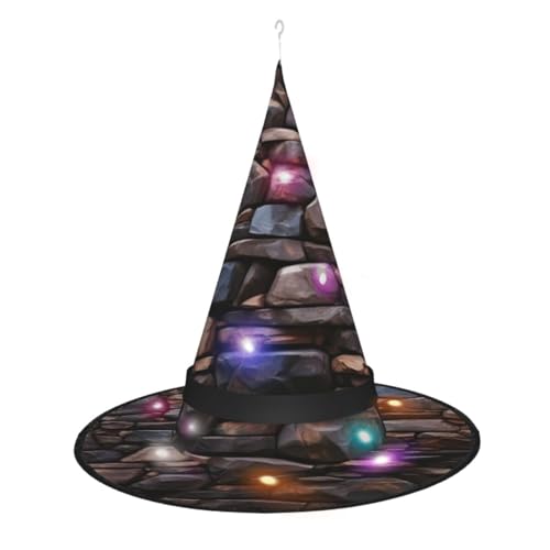 Dwrepo Solide Steinmauer Kunstdruck Halloween Hexenhut Kappe Faltbare Spitze Hut Mit Led Lichter Für Cosplay Party von Dwrepo