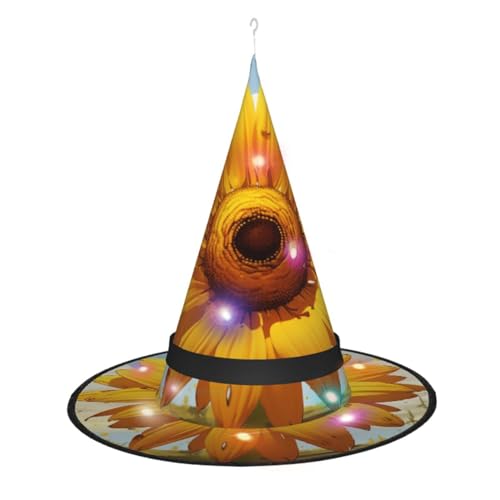 Dwrepo Sonnenblumen-Druck-Halloween-Hexenhut-Kappe, faltbar, spitz, mit LED-Lichtern für Cosplay-Party von Dwrepo