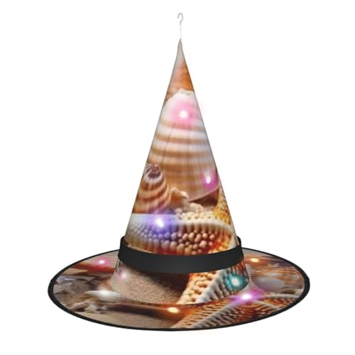 Dwrepo Strand Seestern Muscheln Druck Halloween Hexe Hut Kappe Faltbare Spitze Hut Mit Led Lichter Für Frauen Männer von Dwrepo