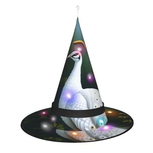 Dwrepo Weißer Pfau-Druck-Halloween-Hexenhut-Kappen-faltbarer spitzer Hut mit geführten Lichtern für Cosplay-Party von Dwrepo
