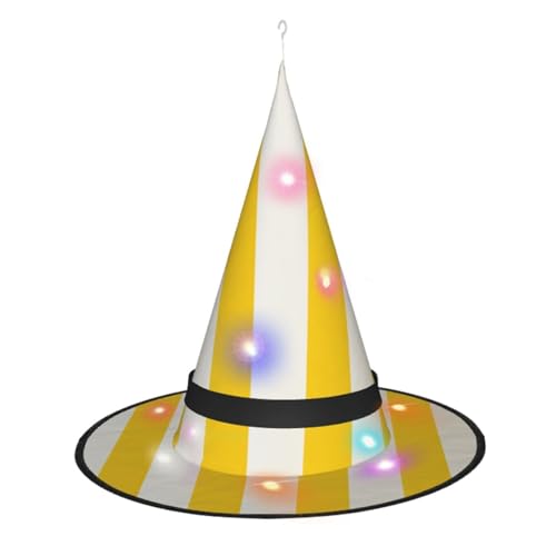 Dwrepo Zitronengelber Streifen-Druck-Halloween-Hexenhut-Kappen-faltbarer spitzer Hut mit geführten Lichtern für Cosplay-Party von Dwrepo