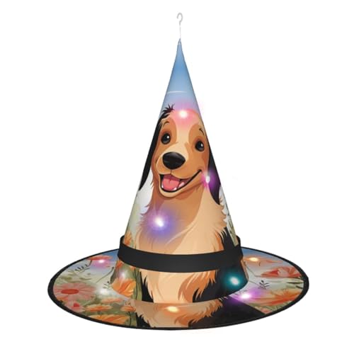 Hund Und Blume Drucken Halloween Hexe Hut Kappe Faltbare Spitze Hut Mit Led Lichter Für Cosplay Party von Dwrepo