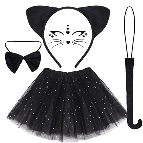 Dxhycc Schwarze Katze Kostüm mit Katzenohren, Stirnband, Schwanz, Fliege, Tutu und Katzengesichtsaufklebern für Halloween, Kostümpartys von Dxhycc