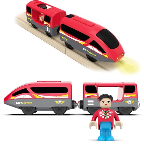 DxxD Eisenbahn Elektrische lok Holzeisenbahn Zug, Batteriebetriebenes Lokomotivzug mit Frontscheinwerfern und Sound, Zugset Kompatibel mit Thomas, Brio, Spielzeuglok für Kinder ab 3 Jahren, Rot von DxxD
