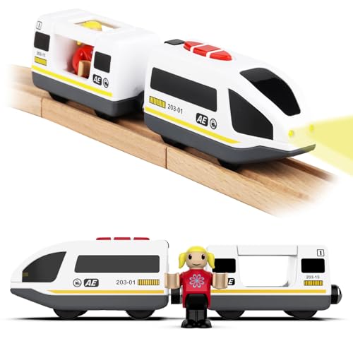 DxxD Eisenbahn Elektrische lok Holzeisenbahn Zug, Batteriebetriebenes Lokomotivzug mit Frontscheinwerfern und Sound, Zugset Kompatibel mit Thomas, Brio, Spielzeuglok für Kinder ab 3 Jahren, Weiß von DxxD