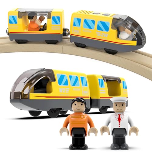 DxxD Eisenbahn Elektrische lok Holzeisenbahn Zug, Batteriebetriebenes Zugset (magnetische Verbindung), Lokomotivzug Motorzug Kompatibel mit Thomas, Brio, Spielzeuglok für Kinder ab 3 Jahren, Gelb von DxxD