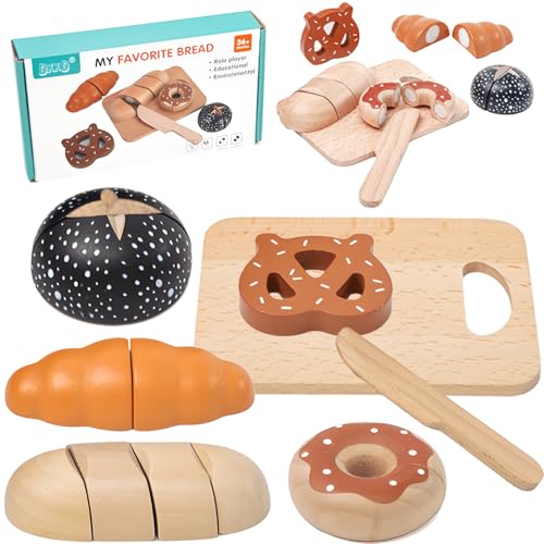 DxxD Kinderküche Spielküche Zubehör Holz Lebensmittel zum Schneiden, Küchenspielzeug Brot Kinder, Bäckerei Montessori Spielzeug Einkaufsladen, Rollenspiele Geschenk für Mädchen Jungen ab 3 4 5 Jahre von DxxD