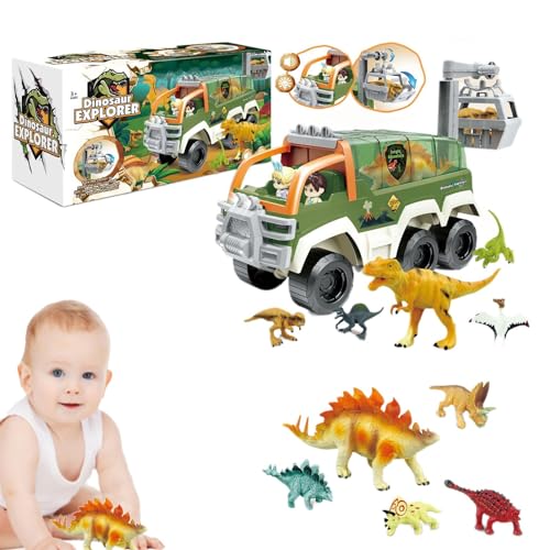 Dyeulget Dinosaurier-Truck, Dinosaurier-Autos | Sound- und Licht-Truck-Spielzeug,Transportauto-Transporter-LKW-Spielzeug mit Dino-Figuren für Kinder, Dinosaurier-LKW für Weihnachtsgeburtstagsjungen von Dyeulget