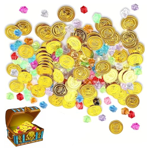 Piratenschatz,Piratenschatz Goldmünzen,Spielgeld für Kinder,100 Stück Piraten Goldmünzen,Goldmünzen Spielzeug,50 Goldmünzen & 50 Edelsteine,Piratenparty Mitgebsel,Schatzsuche Kindergeburtstag von Dyiouxin