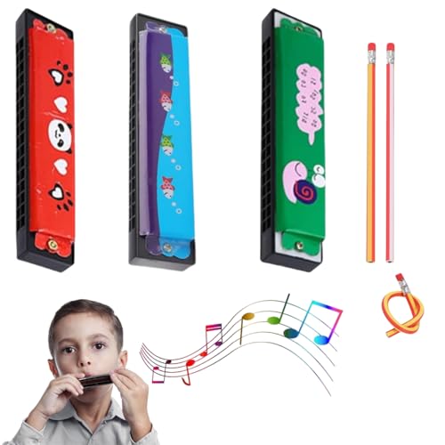 Mundharmonika,Mundharmonika Kinder,Mundharmonika Diatonisch,16 Loch Mundharmonika C-Dur,Farbe Mundharmonika Spielzeug,Chromatische Mundharmonika,Cartoon Harmonika,Mundharmonika aus Holz,3 Stück von Dyiouxin
