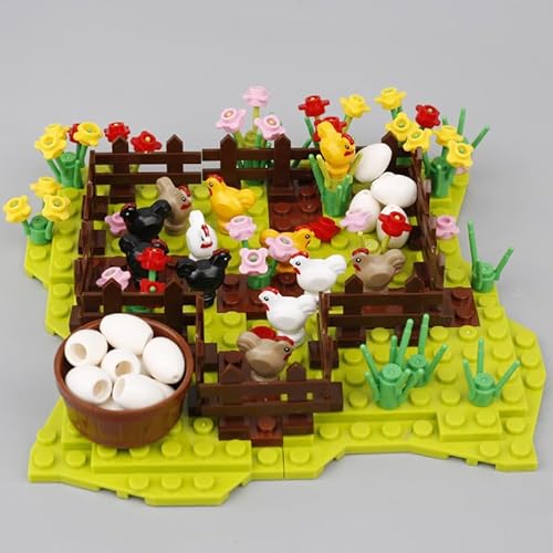 Hühnerfarm Bausteine Bausatz, MOC Farm Hühnerstall Bausteine Modell Spielzeug mit 12 Hühnern, DIY Farm Erweiterungszubehör, Kreativer Tierhaus Klammerblöcke Kit, Geschenkideen für Kinder und Erwachsen von DzirePada