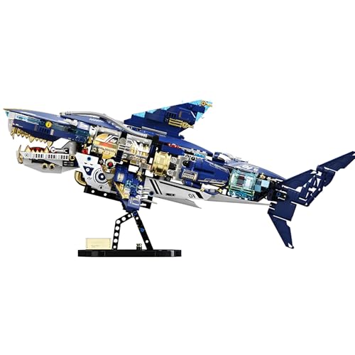 DzirePada Mechanische Hai Bausteine Bausatz, 1277 Teile Meerestier Modell Spielzeug mit Display Stand, STEM Ozean Haifisch Klammerblöcke Kit, Haus oder Büro Dekoration Sets für Erwachsene Kinder von DzirePada