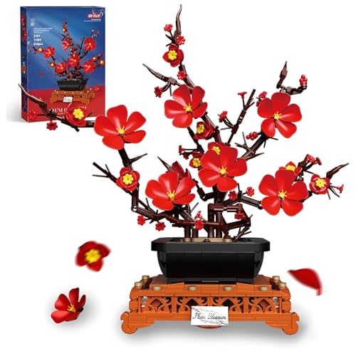 DzirePada Plaum Bloom Bonsai Bausteine Bausatz, 692 Stück Blumen Botanische Sammlung Modell Spielzeug, Rote Künstliche Floral Ziegel Kit für Erwachsene Frauen Mädchen, Wohnzimmer Haus Büro Dekor von DzirePada