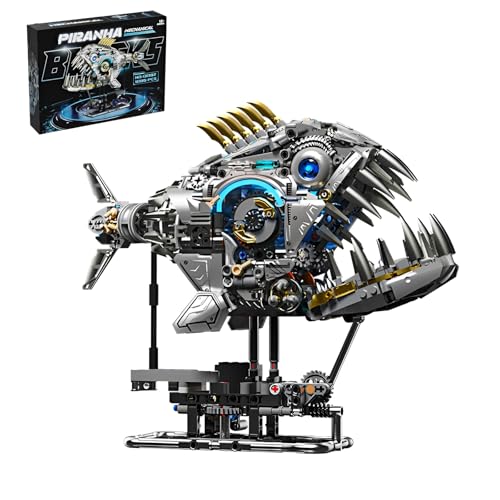 Technik Piranha Fisch mit Sockel Bausteine Bausatz, 1085 Stück Steampunk Retro Tier Klemmbausteine, STEM Magische Kreatur Marine Modell Spielzeug, Kreative Geschenk Dekoration Kinder Erwachsene von DzirePada