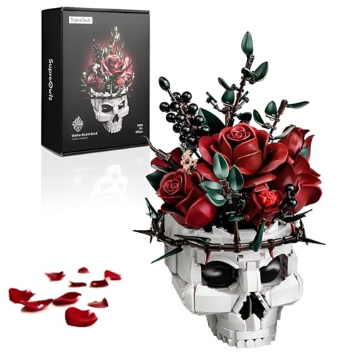 Totenkopf Rosenstrauß Bausteine Bausatz, Halloween Gothic Horror Skelett Pflanze Topf Modell Spielzeug, Künstliche Blume Botanische Sammlung Klemmbausteine Kit, Ideen Geschenke für Kinder Erwachsene von DzirePada